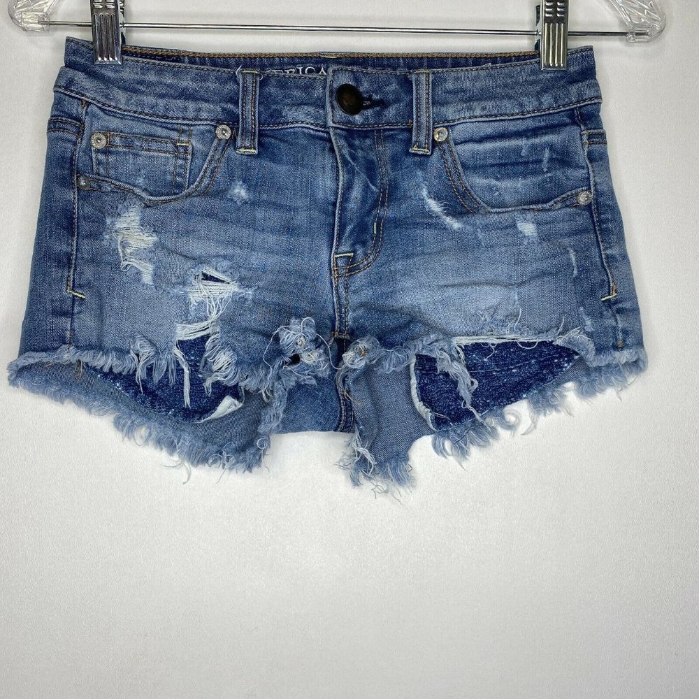 American Eagle Distressed Shortie Stretch Jean Shorts AEO Denim Cutoffs Size 0 - Picture 2 of 8